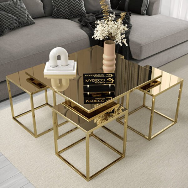 5'li Gold Kaplama Bronz Aynalı Orta Sehpa & Zigon Sehpa